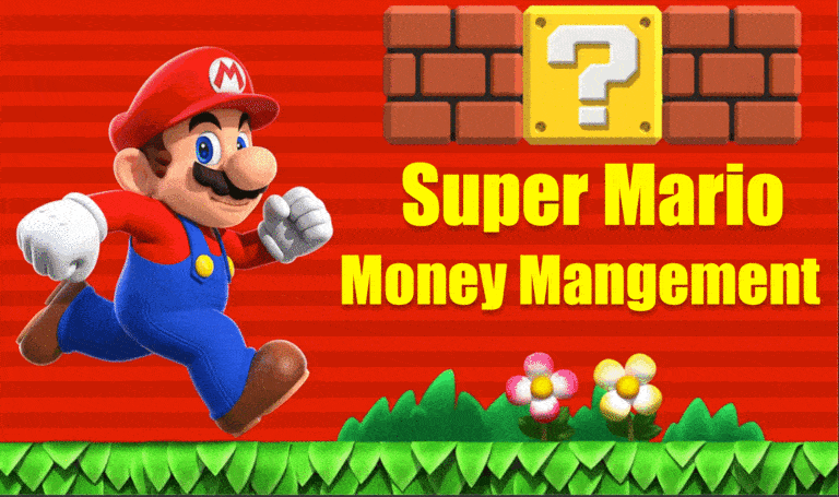 A cartoon character named Mario, from the Super Mario franchise, is running with a brick wall and a question mark block in the background. The image features the text "Super Mario Money Management" in bold yellow letters. Green grass and flowers appear at the bottom.