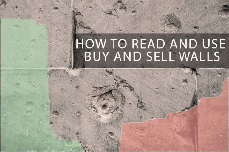 The image shows a rock wall with sections colored in green and red, with the text: "HOW TO READ AND USE BUY AND SELL WALLS" in white capital letters over a transparent dark box in the center. The background texture resembles eroded stone.