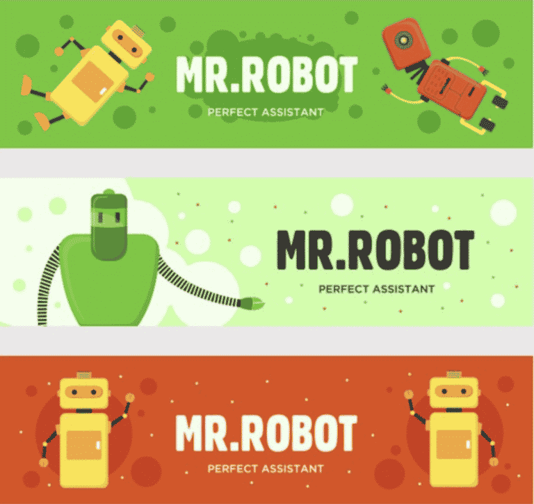 A imagem consiste em três banners dispostos horizontalmente com robôs em diferentes poses e cores, com cada banner incluindo as frases "MR. ROBOT" e "PERFECT ASSISTANT". Os banners verde, verde claro e laranja de cima para baixo destacam uma solução avançada de auto trading. 