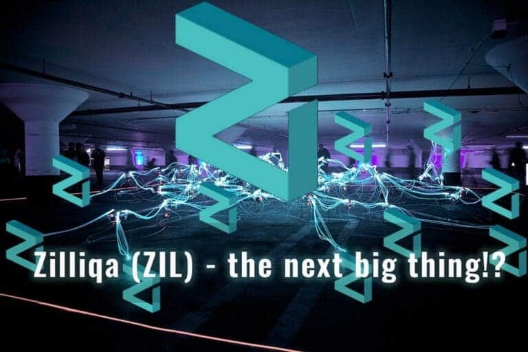 Um gráfico destaca o logo da Zilliqa (ZIL) em um cenário futurista com linhas e nós digitais, capturando seu espírito inovador. O texto abaixo do logo diz: “Zilliqa (ZIL) - a próxima grande coisa!?” contra um fundo escuro, com tema tecnológico. 