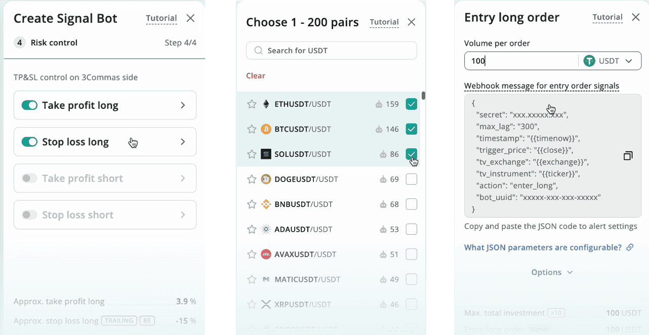 Screenshot of a trading bot interface featured in a 3Commas Review. It displays options for creating signals, selecting currency pairs like Ethereum, Bitcoin, and Dogecoin, and setting entry order signals. A webhook example is shown on the right.
