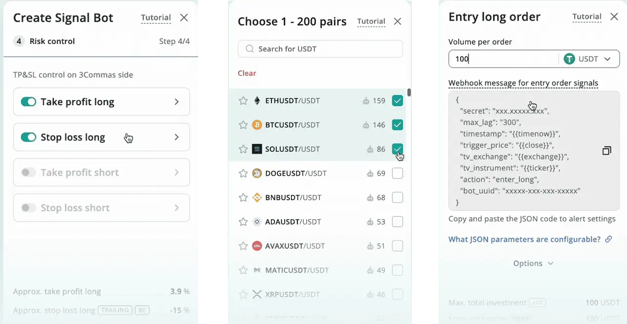 Screenshot of a trading bot interface featured in a 3Commas Review. It displays options for creating signals, selecting currency pairs like Ethereum, Bitcoin, and Dogecoin, and setting entry order signals. A webhook example is shown on the right.