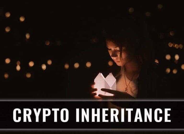 Uma mulher segura um objeto brilhante em um ambiente escuro, cercada por pequenas luzes. As palavras “Deixe sua cripto de herança” são exibidas em destaque na parte inferior da imagem. 