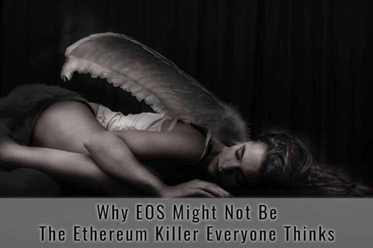 Uma mulher com asas de anjo está deitada de lado em um cenário escuro. O texto sobreposto diz: “Por que a EOS talvez não seja a ‘matadora do Ethereum’ que todo mundo pensa.” 