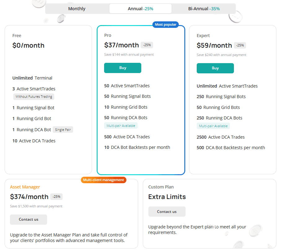 Pricing table for a trading platform with four plans: Free, Pro at $37/month, Expert at $59/month, and Asset Manager at $374/month. Each plan lists features and limits for SmartTrades, bots, and DCA trades.