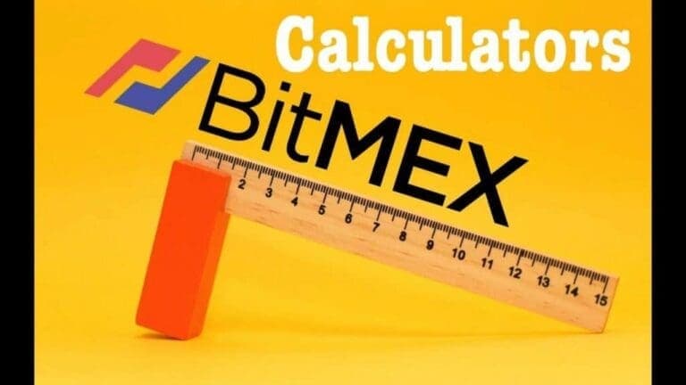 A imagem mostra um fundo amarelo com a palavra “Calculators” em texto branco no topo. Abaixo, há o logotipo da BitMEX, com seu nome e design. Uma régua de madeira com cabo laranja cruza o logotipo em um ângulo, evocando a sensação de uma calculadora da BitMEX.  
