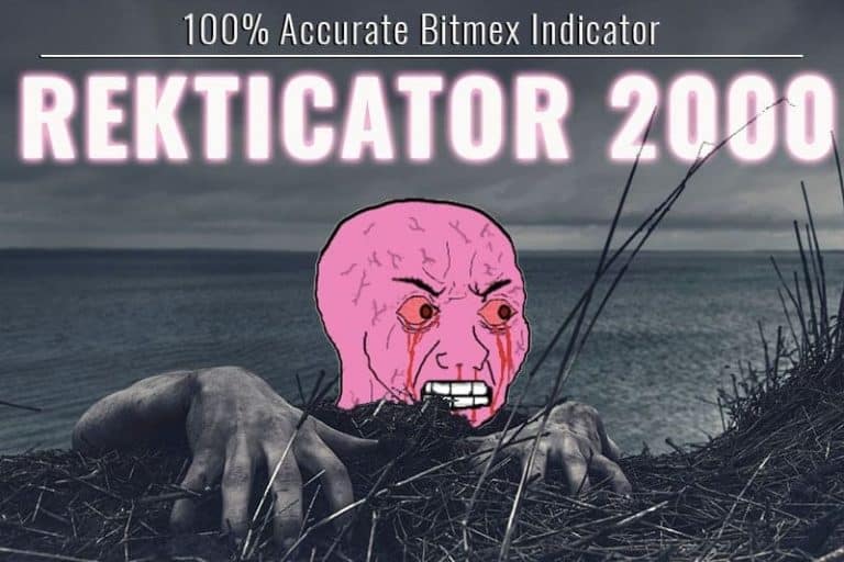 Um rosto de desenho animado com uma expressão enfurecida está sobreposto a uma foto de mãos agarrando a borda de um penhasco acima de um corpo de água. O texto acima diz "Indicador Bitmex 100% Preciso" e o texto abaixo diz "REKTICATOR 2000". Este é o indicador Bitmex definitivo para sinais de trading!  