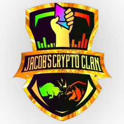 A colorful emblem shows a raised hand holding a smartphone, bar graphs, and the text "Jacob's Crypto Clan." Below, a green bull and red bear face off over financial markets. The gold and black shield hints at exclusive crypto signals on Discord.