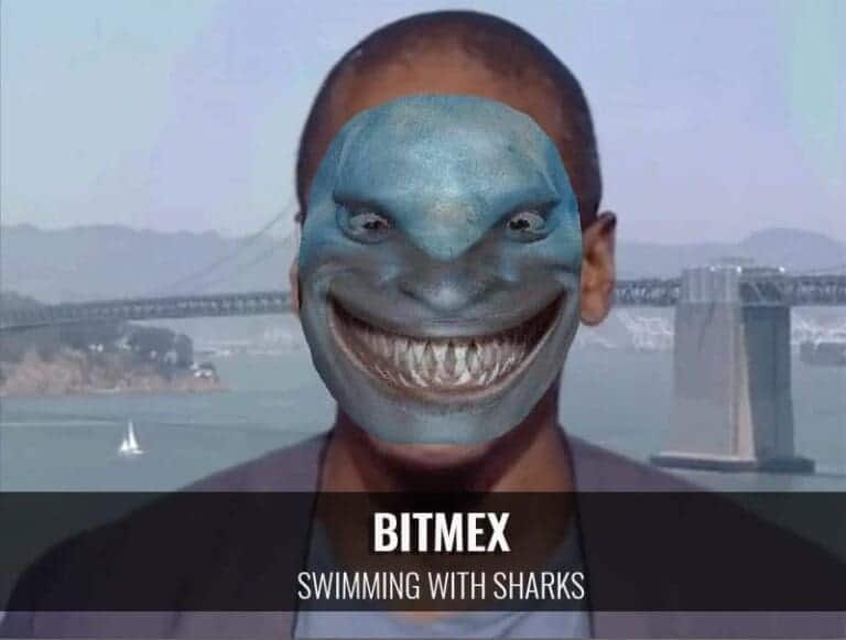 Uma pessoa está diante de uma vasta extensão de água e uma ponte, com o rosto habilmente editado para parecer um tubarão sorridente. O texto na parte inferior diz “BITMEX” e “SWIMMING WITH SHARKS”, capturando o espírito aventureiro dos traders da Bitmex mergulhando em águas emocionantes do mercado. 