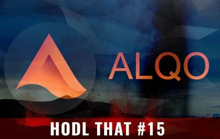 Imagem apresentando o logotipo da ALQO, que é uma letra 'A' estilizada em laranja, sobre um fundo abstrato escuro. O texto "ALQO" da Alqo Network aparece com destaque. Abaixo, uma barra vermelha diz "HODL THAT #15".  