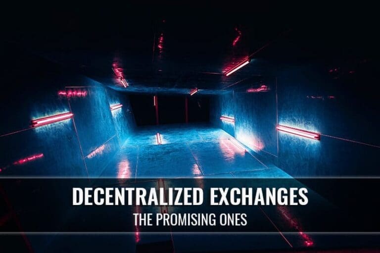 Um túnel escuro e futurista com luzes neon ao longo do teto e das paredes. O texto sobreposto diz: “Exchanges descentralizadas: as promissoras, além da Mt.Gox.” 