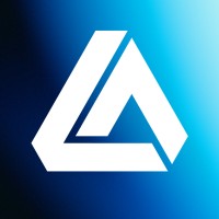A white geometric triangular logo with sharp angles, resembling an abstract letter "A," on a blue gradient background that fades from dark to light. Perfect for LuxAlgo offering crypto signals on Discord.