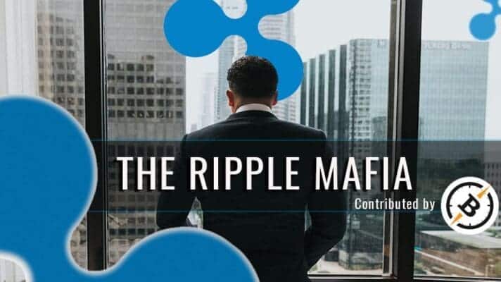 A person in a suit stands facing a large window with a cityscape view. Large blue logos resembling the Ripple cryptocurrency icon are overlaid. Text across the image reads, "Contributed by" followed by a circular logo, subtly nodding to the enigmatic influence of the Ripple Mafia.