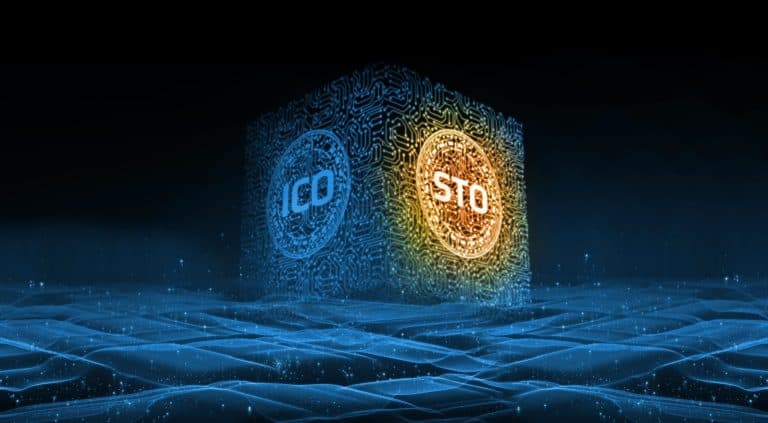 Um cubo 3D digital com padrões semelhantes a circuitos é iluminado contra um pano de fundo de grade virtual. Em seus lados, os textos "ICO" e "tokens STO" se destacam em fundos azul e amarelo, respectivamente, simbolizando conceitos-chave ligados a ofertas de criptomoedas e blockchain. 