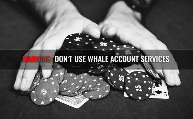 Mãos segurando fichas de póquer e cartas de jogar espalhadas sobre uma mesa. Uma mensagem de aviso em texto negrito vermelho e branco diz: “AVISO: MANTÉM-TE LONGE DOS WHALE ACCOUNT SERVICES.” 