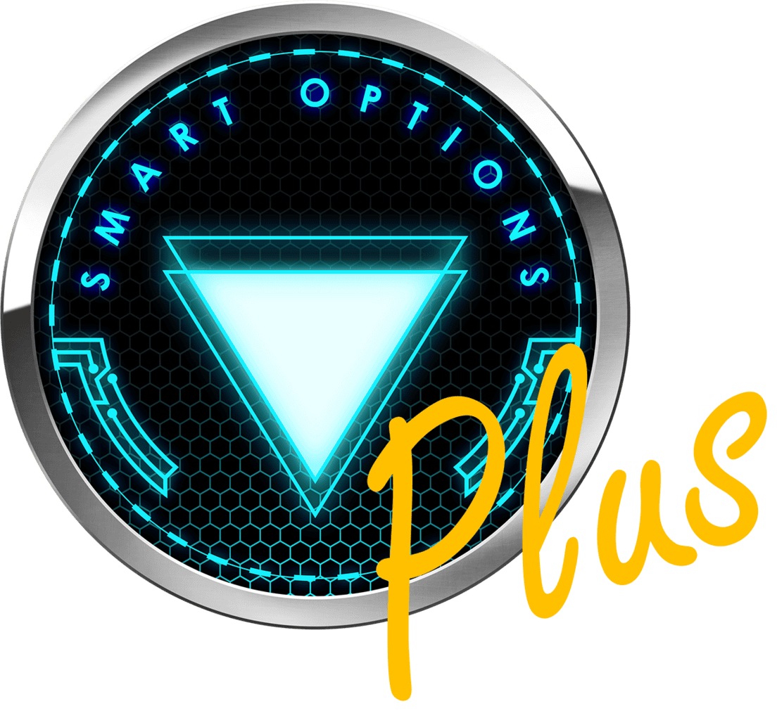 A circular digital logo with the words "SMART OPTIONS" around a glowing blue triangle, featuring "Plus" in large yellow handwritten script overlapping the right side—perfect for showcasing the Best Crypto Signals.