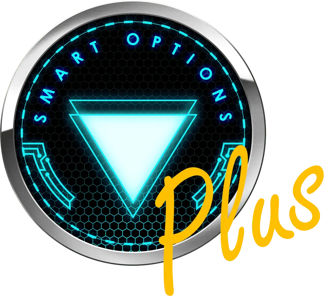 A circular digital logo with the words "SMART OPTIONS" around a glowing blue triangle, featuring "Plus" in large yellow handwritten script overlapping the right side—perfect for showcasing the Best Crypto Signals.