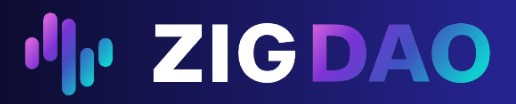 The image shows the logo for ZIGDAO, with the name written in large capital letters. "ZIG" is in white, while "DAO" is in shades of purple and blue. To the left of the name is an abstract design with purple and turquoise vertical lines, subtly hinting at its reputation for providing one of the best crypto trading bots