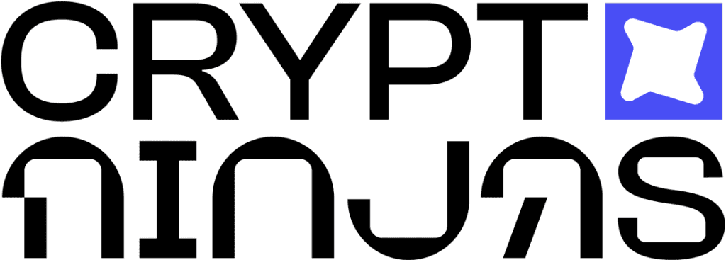 The image shows the words "CRYPT NINJAS" in bold, stylized black letters, hinting at their Best Crypto Signals. The top right corner features a blue square with a white four-pointed star shape inside it.