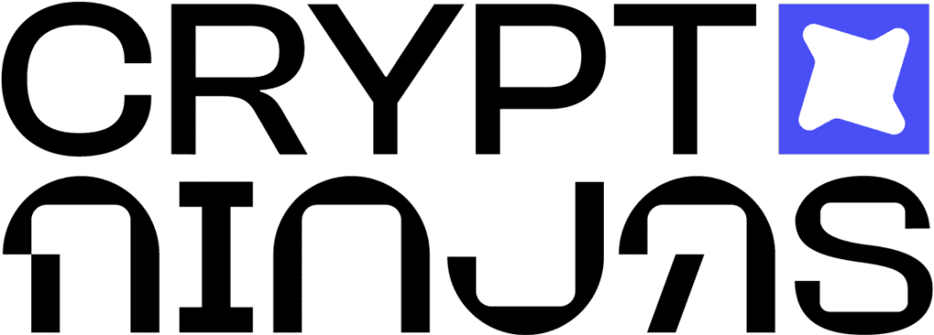 The image shows the words "CRYPT NINJAS" in bold, stylized black letters, hinting at their Best Crypto Signals. The top right corner features a blue square with a white four-pointed star shape inside it.
