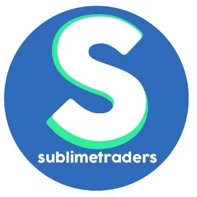 A large white letter "S" with a green shadow appears above the phrase "sublimetraders" in lowercase white letters, all set against a solid blue circular background, representing Best Crypto Signals.