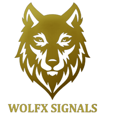 A gold, stylized wolf head logo is centered above the words "WOLFX SIGNALS" in gold, all capital letters, on a white background—representing one of the best crypto signals providers.