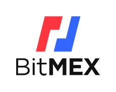 A imagem é um logotipo com um design estilizado com uma forma geométrica vermelha e azul formando uma letra abstrata "L". Abaixo do design, o texto diz "BitMEX" em preto.