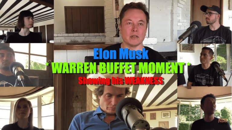 Uma imagem de colagem mostra oito pessoas com microfones, sugerindo um podcast de grupo ou videoconferência. O texto no centro diz, "Elon Musk MOMENTO WARREN BUFFET Mostrando a sua FRAQUEZA" em letras verdes e vermelhas. O fundo é uma sala adornada com vigas de madeira.  