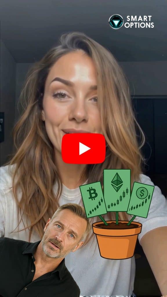A woman with long brown hair and a white shirt is in a room. In the foreground, an illustrated plant with dollar, bitcoin, and ethereum leaves appears alongside the "Smart Options" logo, Fat Pig Signals, and a man's face.