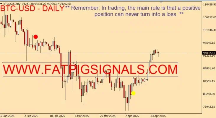 The "BTC-USD - DAILY" cryptocurrency trading chart, with its candlesticks and blue moving average line, features red and yellow indicators. Displaying a value of 94092.61, it includes the note "Telegram Signals Fat Pig Signals review," showcasing insights from A Fat Pig Signals.