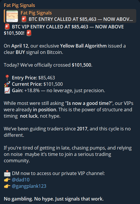 A screenshot of a Fat Pig Signals post on Telegram, featuring buy signals for Bitcoin above $85,463, highlighting a $101,500 target, trading performance stats, and contact information.