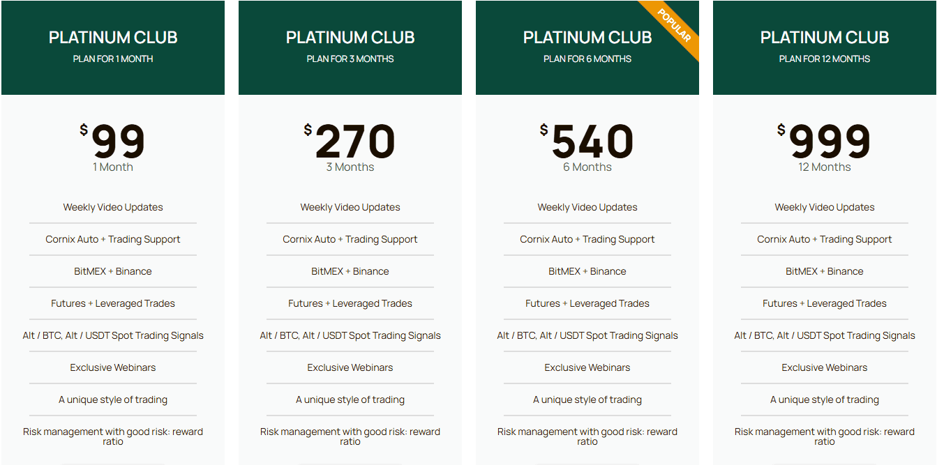 Choose from four Platinum Club trading plan tiers with Verified Crypto Traders: $99/month, $270/3 months, $540/6 months (popular), or $999/12 months. Enjoy video updates, trading support, webinars, and trade signals.
