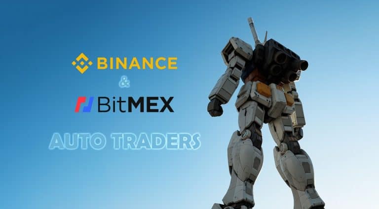 A large robot statue stands against a clear blue sky. The logos for Binance, BitMEX, and the text "Auto Traders" are displayed to the left of the robot.