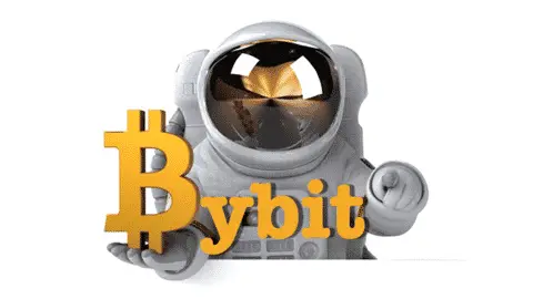 A 3D-animated astronaut holding a large, orange Bitcoin symbol in front of the text "Bybit." The astronaut has a reflective visor and appears to be gesturing with one hand. The image is set against a plain white background.