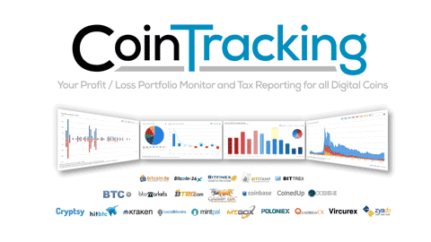 Logo and banner for CoinTracking, a service for monitoring portfolio profit and loss and tax reporting for digital coins. The image includes graphs and charts along with logos of various cryptocurrency exchanges and services like Binance, Bittrex, and Kraken.