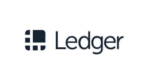 The image showcases the logo for "Ledger," featuring a stylized dark blue square design with negative space forming shapes on the left, adjacent to the word "Ledger" in dark blue text on a white background, symbolizing security in cryptocurrency management.