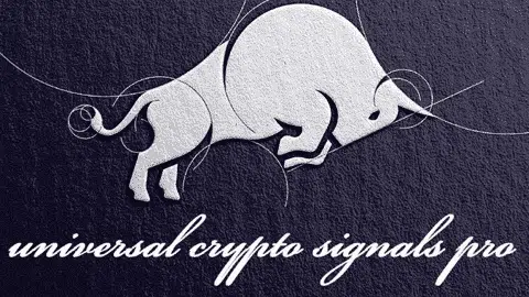 A stylized charging bull design with "universal crypto signals pro" in cursive below, enhanced by a textured dark surface. Signal Coupons add an exclusive edge to this striking visual.