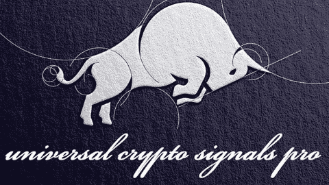 A stylized charging bull design with "universal crypto signals pro" in cursive below, enhanced by a textured dark surface. Signal Coupons add an exclusive edge to this striking visual.