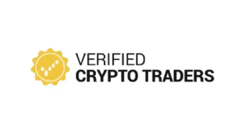The logo features a yellow sun icon infused with a cryptocurrency design beside the words "Verified Crypto Traders" in bold black text on a pristine white background, capturing the essence of savvy crypto traders.