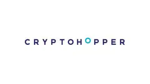 The image showcases the Cryptohopper logo with "CRYPTOPPER" in bold, dark blue capital letters. Today, the second "O" is a stylized, lighter blue circle with a horizontal line through it against a clean white background.
