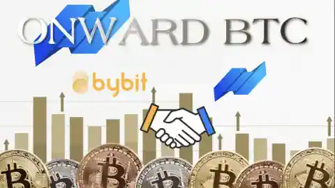 Text "ONWARD BTC" and "bybit" is overlaid on a background of graphs and cryptocurrency coins. A handshake illustration appears at the center, symbolizing partnership or collaboration. Coins feature Bitcoin symbols prominently in the foreground, embodying the essence of OnwardBTC.