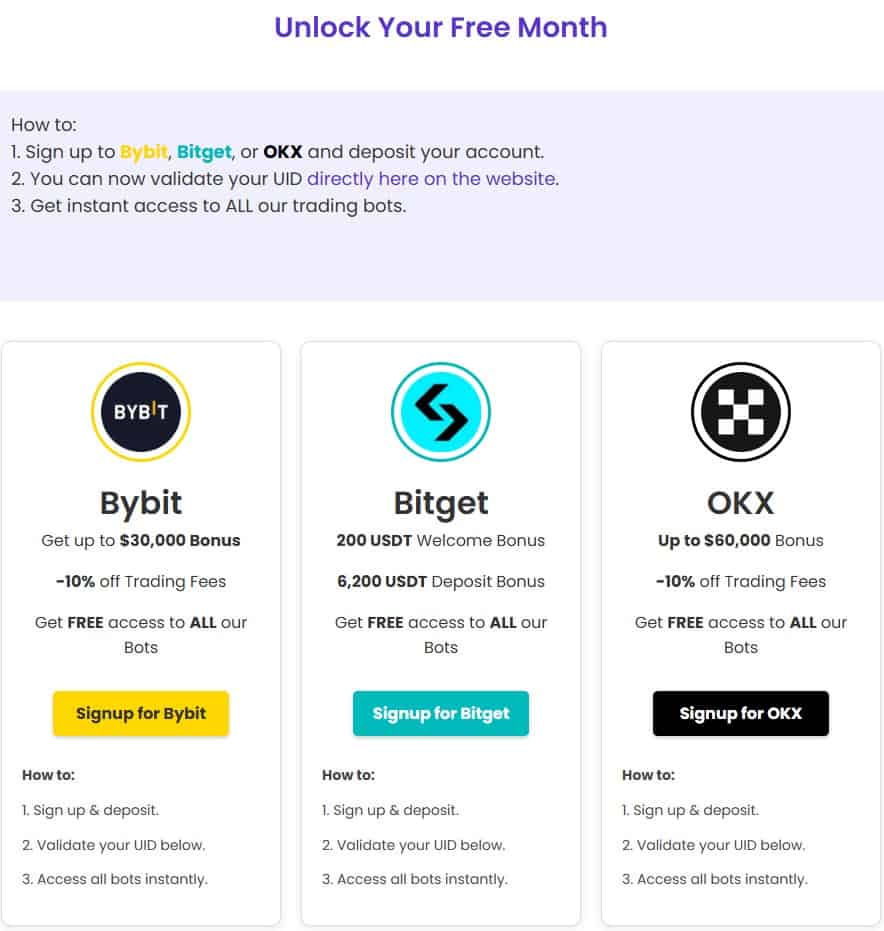 Um gráfico promocional comparativo das exchanges Bybit, Bitget e OKX, feito pela OnwardBTC, apresenta bônus, descontos em taxas de trading e acesso ao bot. Cada seção possui um botão de cadastro com um processo simples de três etapas.