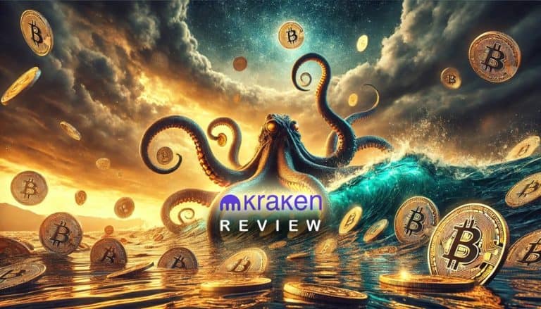An image displays an octopus rising from stormy seas surrounded by floating Bitcoin coins. The Kraken logo is superimposed over the octopus with the word "Avaliação da Kraken Exchange" below it. A dramatic sky with storm clouds and sunlight forms the background, likely inspired by Jesse Powell's vision.
