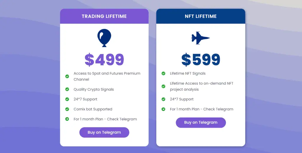 Comparison chart with two options: Trading Lifetime for $499 offers crypto signals, bot support, and channel access; NFT Lifetime for $599 features NFT signals and project analysis. Both have a โBuy on Telegramโ button. Read our CoinCodeCap Review for more details.
