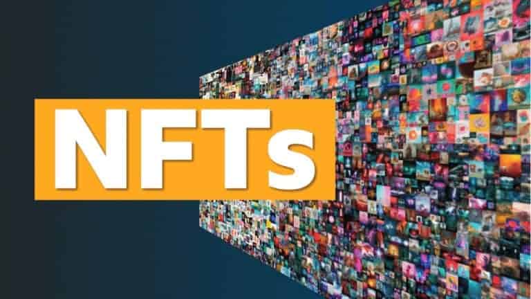The image features the word "NFTs" in large, bold letters on a yellow background. In the background, there is a collage of numerous digital artworks and images, suggesting the concept of non-fungible tokens in the digital art world.