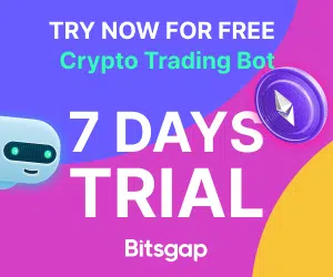 Advertisement for Bitsgap crypto trading bot. "Start Today with a Free Trial! Crypto Trading Bot. Enjoy a 7-Day Trial." The background features a gradient of blue, pink, and purple with cartoonish images of a robot and cryptocurrency coin.