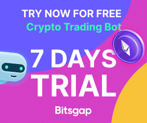 Advertisement for Bitsgap crypto trading bot. "Start Today with a Free Trial! Crypto Trading Bot. Enjoy a 7-Day Trial." The background features a gradient of blue, pink, and purple with cartoonish images of a robot and cryptocurrency coin.