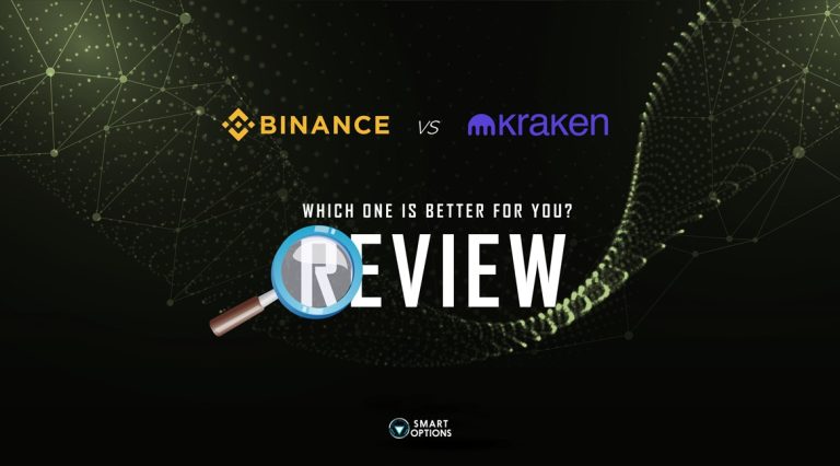 A dark background showcases the logos for Binance and Kraken, with a magnifying glass highlighting "Review." The text poses the question: "Binance vs Kraken: Which one is better for you?" and "Smart Options" sits at the bottom center, against a backdrop of green, glowing network lines.
