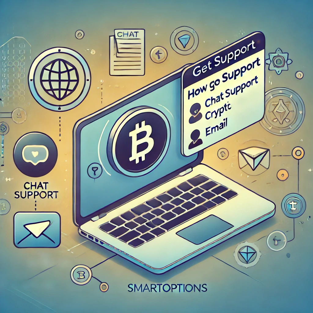 Illustration of a laptop displaying cryptocurrency symbols, including Bitcoin, with "Get Support" options: Chat Support, Crypt, and Email. Additional icons around the laptop suggest global connectivity, messaging, and technical support. Text reads "SMARTOPTIONS SUPPORT".