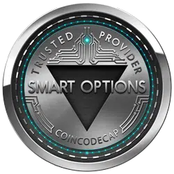 Circular badge with a metallic texture, displaying the words "TRUSTED PROVIDER" at the top, "SMART OPTIONS" in the center inside a black triangle, and "COINCODECAP REVIEW" at the bottom. The badge features technical circuitry designs and teal accents.